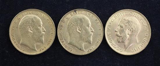 Two Edward VII gold sovereigns, 1902 and 1909, (3)